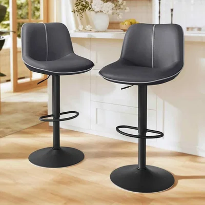 The Range Set of 2 Swivel Bar Stools Quilted PU Leather, Black - Ink Black