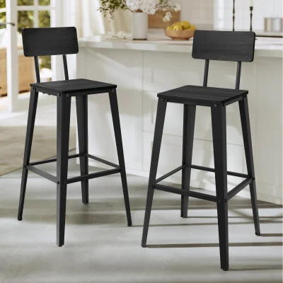 The Range Set of 2 Bar Height Stools, Bar Stools, Tall Barstools with Back - Black