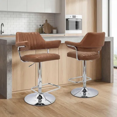 The Range Axiom Pair of Tan Leather Effect Swivel Bar Stool with Chrome Frame - Tan
