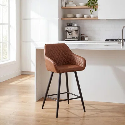 The Range Hudson Vintage Brown Leather Effect Quilted Bar Stool with Black Metal Frame - Tan