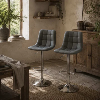 The Range Vivivi Set of 2 Grey Tufted Faux Leather Swivel Bar Stools with Back Support