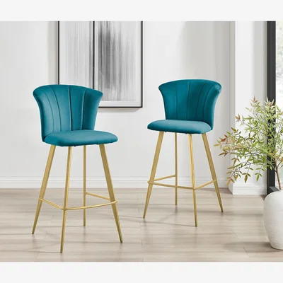 The Range 2x Juniper Velvet Gold Leg Bar Stools - Blue