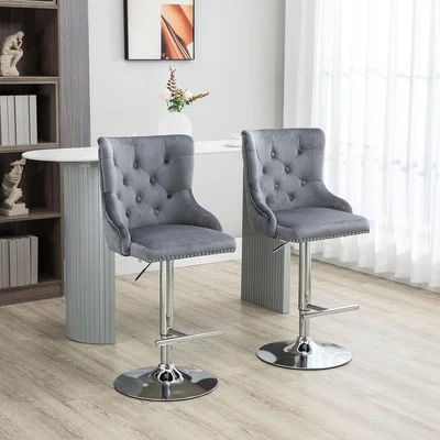 The Range Adjustable Bar Stools Set of 2, Swivel Bar Chairs Button Tufted Back - Grey