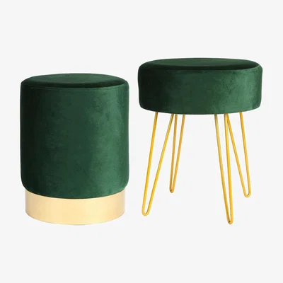 The Range Round Foam Padded Velvet Footstools 2pc Set - Green