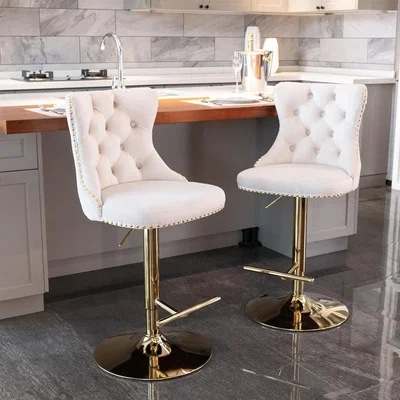 The Range Set of 4 Luxury Velvet Tufted Swivel Bar Stools with Golden Base - Beige
