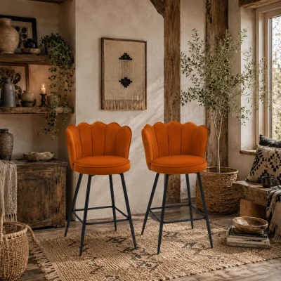 The Range Nivi Set Of 2 Orange Velvet Upholstered Lotus Design Bar Stools