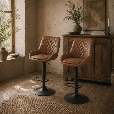 The Range Elel Sake Set of 2 Tan Faux Leather Retro Style Bar Stools
