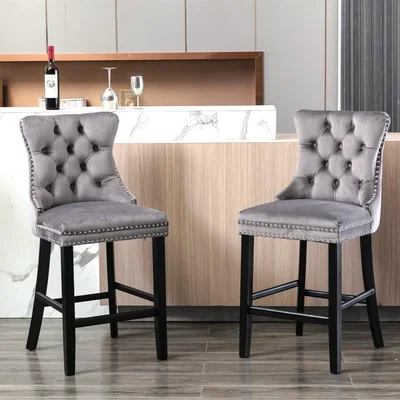 The Range Set of 2 Velvet Bar Stools with Wooden Legs - Grey