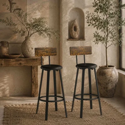 The Range Namto Set of 2 Brown and Black Industrial Steel Frame Bar Stools.