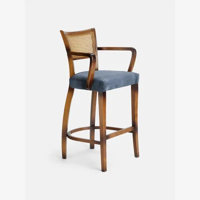 Soho Home Molina Barstool, Cane Back, Velvet Grey Blue