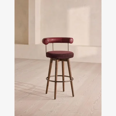 Soho Home Calvert Barstool, Sangria Leather & Bordeaux Linen Chenille, UK