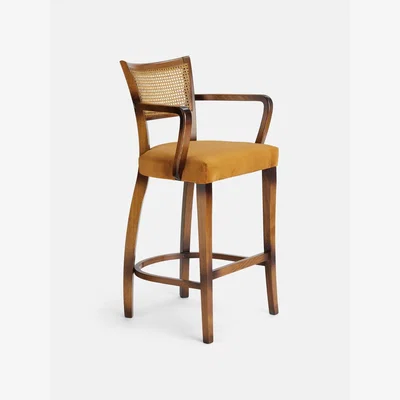 Soho Home Molina Barstool, Cane Back, Velvet, Mustard