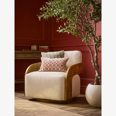 Cox and Cox Swivel Boucle & Burl Wood Occasional Chair