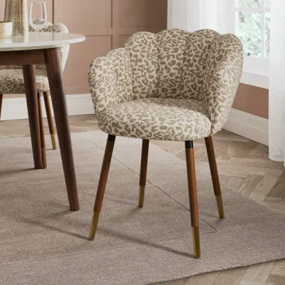 Dunelm Vivian Dining Chair Mink Leopard Print Jacquard Dark Stain