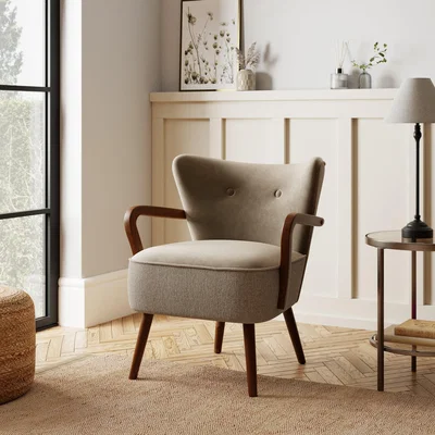 Dunelm Eliza Wooden Velvet Armchair, Flatweave Mole Mole (Brown)
