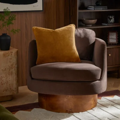 Dunelm Tova Velvet Swivel Chair with Dark Burl Wood Effect Base