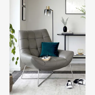 Danetti Canio Dark Grey Leather And Brushed Steel Accent Chair