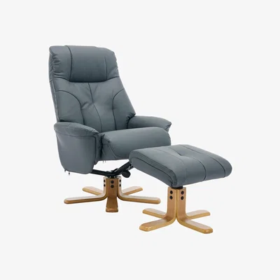 Furniture Village Muscat Leather Swivel Recliner Chair and Footstool - Petrol Blue