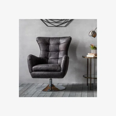 Furniture123 Swivel Chair in Black Leather with Silver Base - Caspian House