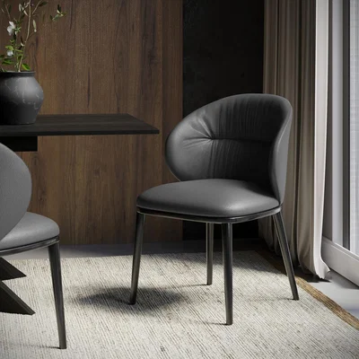 Furniture123 Charcoal Real Leather Dining Chair with Black Legs - Eren