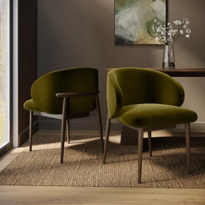 Furniture123 Walnut and Olive Green Upholstered Curved Dining Chair with Exposed Back - Kori