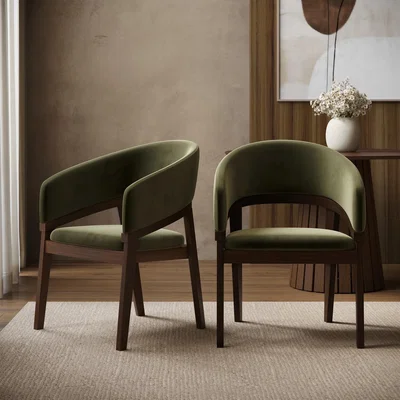 Furniture123 Set of 2 Walnut & Olive Green Velvet Curved Dining Chairs - Owen