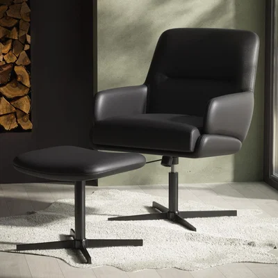 Furniture123 Black Faux Leather Accent Chair with Footstool - Rowan