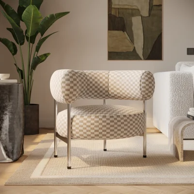 Furniture123 Beige Checkerboard Curved Accent Chair - Romy