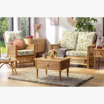 John Lewis Desser Chester Lily Rattan 3-Seater Lounging Table & Chairs Set, Floral Green/Natural