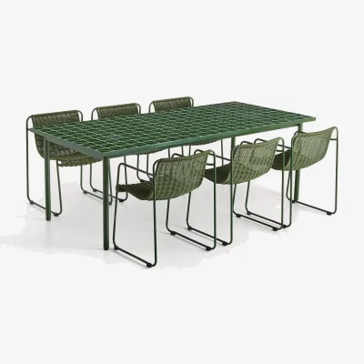 Kave Home Maurina set with green galvanised steel and tiled table and 6 green galvanised steel and rope cord stackable chairs 223 x 101cm