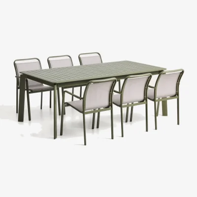 Kave Home Set with Brela extendable table in green aluminium and 6 Luri chairs in green aluminium and beige texteline 205(287)x100cm