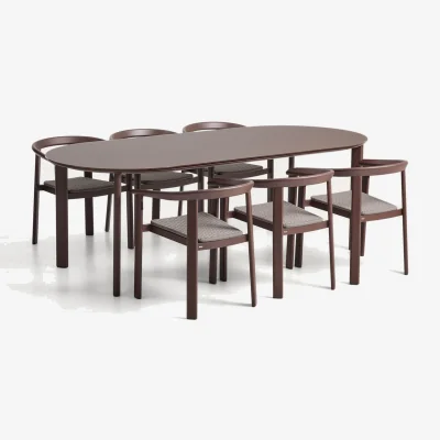 Kave Home Erice set of 6 aluminium and rope cord stackable chairs and a table in brown aluminium and tempered glass 230 x 100cm