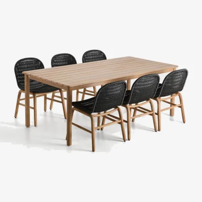 Kave Home Set with Sori table in solid acacia wood and 6 Alipa chairs in graphite solid acacia wood and rope cord 200 x 100cm FSC 100%