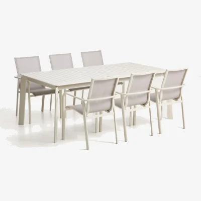Kave Home Set with Brela extendable table in ecru aluminium and 6 Canea chairs in ecru aluminium and beige texteline 205(287)x100cm