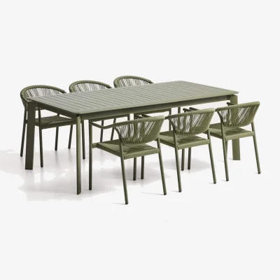 Kave Home Set with Brela aluminium extendable table and 6 Livadia stackable chairs in green aluminium and synthetic rope cord 205(287) x 100cm