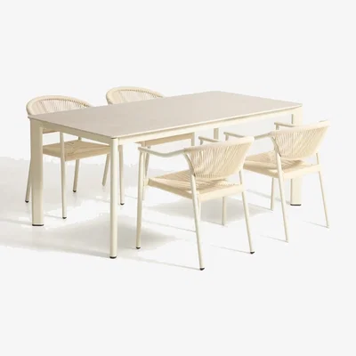Kave Home Anafi table set in sintered stone and ecru aluminium with 4 Livadia chairs in ecru aluminium 180 x 90cm