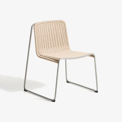 Kave Home Tavari stackable chair in beige synthetic rope cord and brushed-effect stainless steel