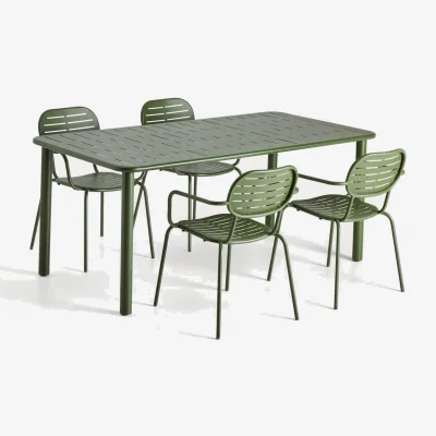 Kave Home Brai set with table and 4 stackable chairs in green galvanised steel 180 x 90cm