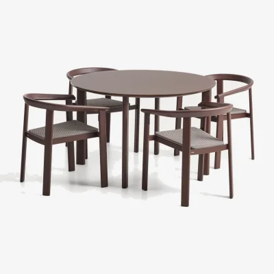 Kave Home Erice set of 4 stackable chairs in aluminium and rope cord and a table in brown aluminium and tempered glass Ø120cm