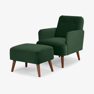 Made.com Elvi Accent Armchair & Footstool, Moss Green Velvet