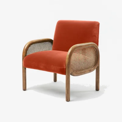 Oliver Bonas Loha Coral Orange Velvet & Rattan Armchair