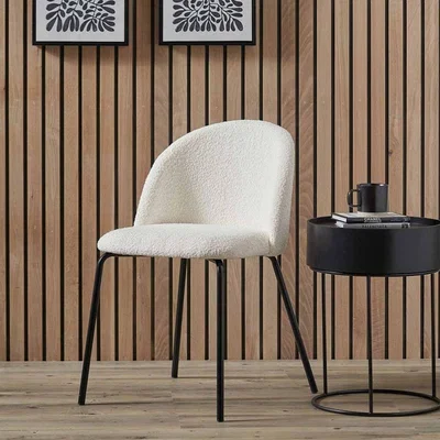 Pagazzi Turi White Bouclé Fabric and Black Metal Dining Chair