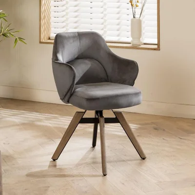 Quatropi Set of 2 Modern Industrial Swivel Velvet Dining Chairs Grey Fabric