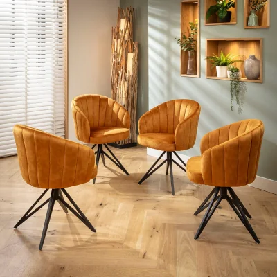 Quatropi Set of 4 Modern Kitchen Swivel Dining Chairs with Arms Saffron Yellow Velvet