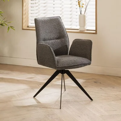 Quatropi Set of 2 Modern Dining Chairs with Arms Carver Swivel Base Grey Boucle