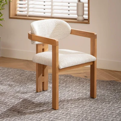 Quatropi Modern Wooden Kitchen Dining Room Chair Natural Oak Cream Boucle Fabric