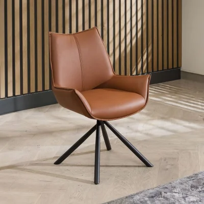 Quatropi Set of 2 Modern Faux Leather Swivel Dining Chairs with Arms Brown Tan