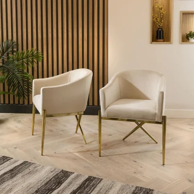 Quatropi Set of 2 Luxury Kitchen Dining Room Chairs with Arms Cream Velvet & Gold