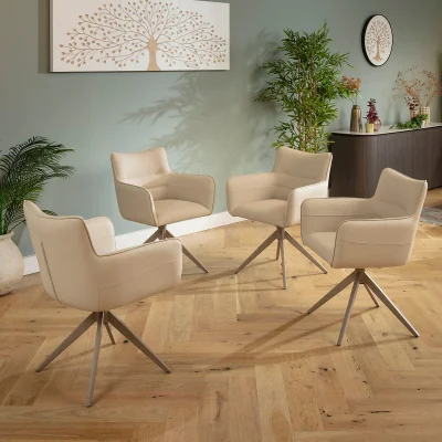 Quatropi Set of 4 Modern Faux Leather Swivel Dining Chairs with Arms Beige Leatherette