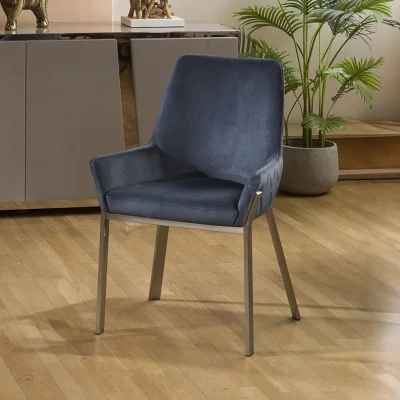 Quatropi Set of 2 Modern Carver Dining Chairs with Arms Metal Legs Blue Fabric
